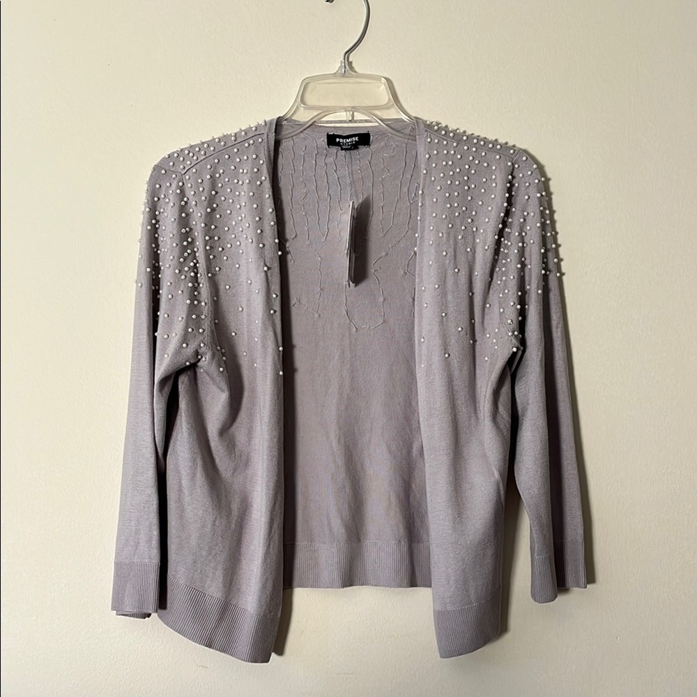 Elegant Pearl Embellished Gray Sweater